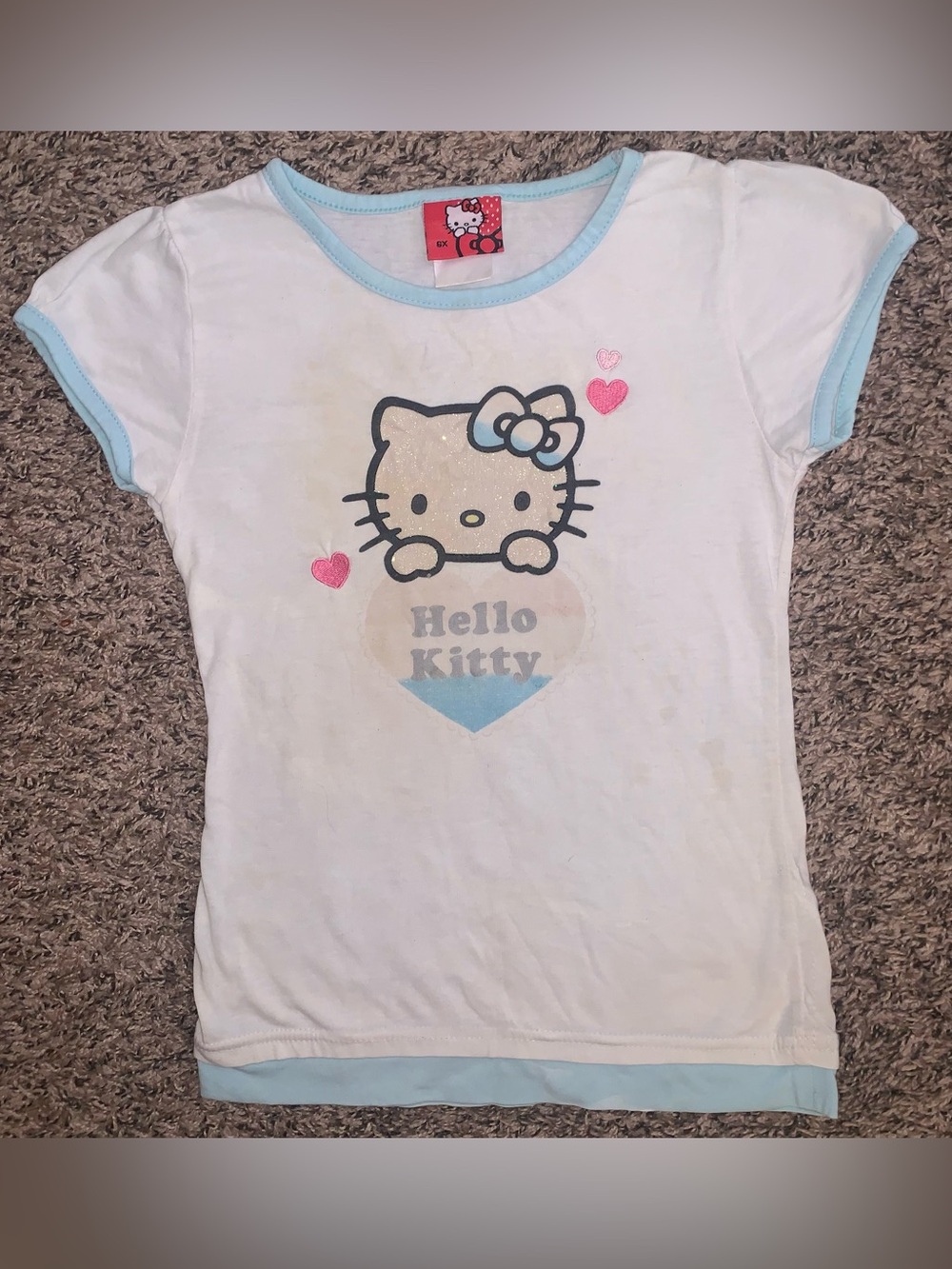 Hello Kitty White Tee with Light Blue Trim and Pink Hearts